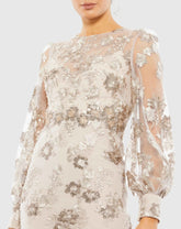 Beige Embellished High Neck Illusion Long Sleeve Midi Dress